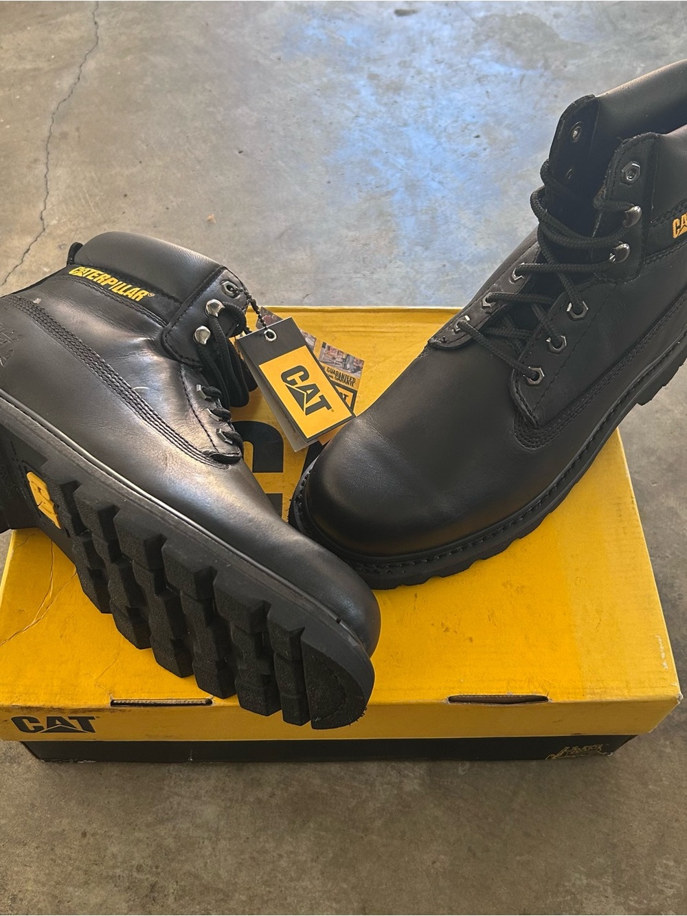 Caterpillar Black Leather Work Boots with Yellow Logo